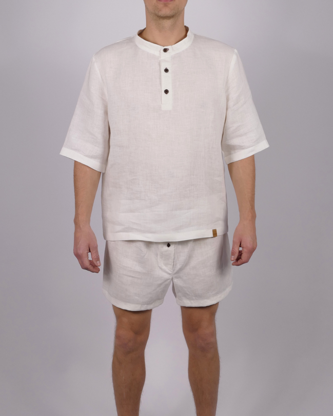 Leinen Schlafanzug Lunara kurz - rote Akzente