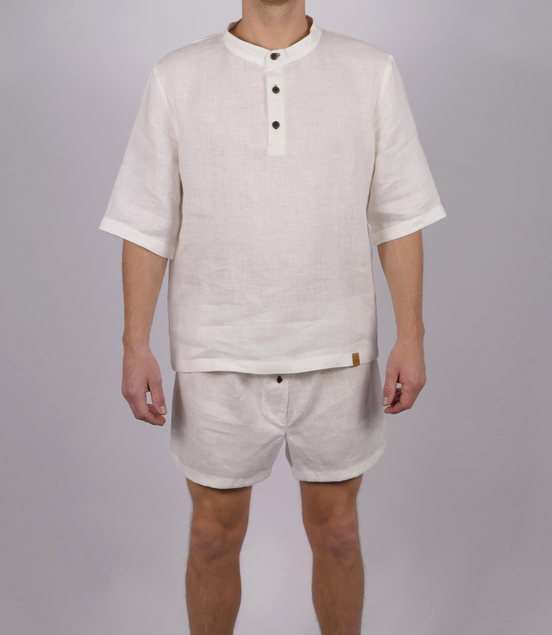 Leinen Schlafanzug Lunara kurz - rote Akzente