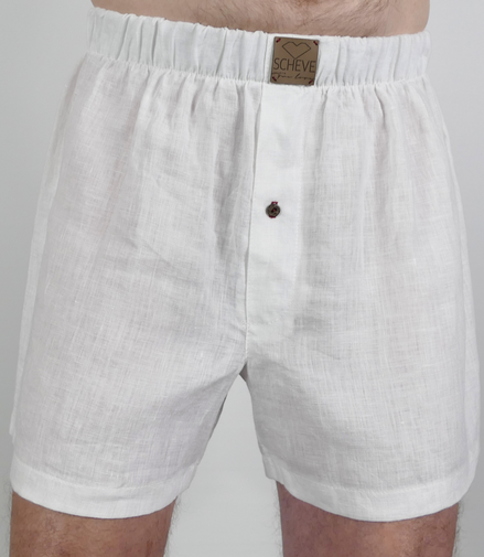 Weiße Herren-Boxershorts aus Leinen mit Knopfleiste und elastischem Bund