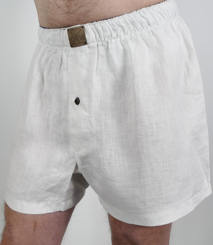 Herren Boxershorts aus weißem Leinen mit elastischem Bund und Knopf, nachhaltige Unterwäsche