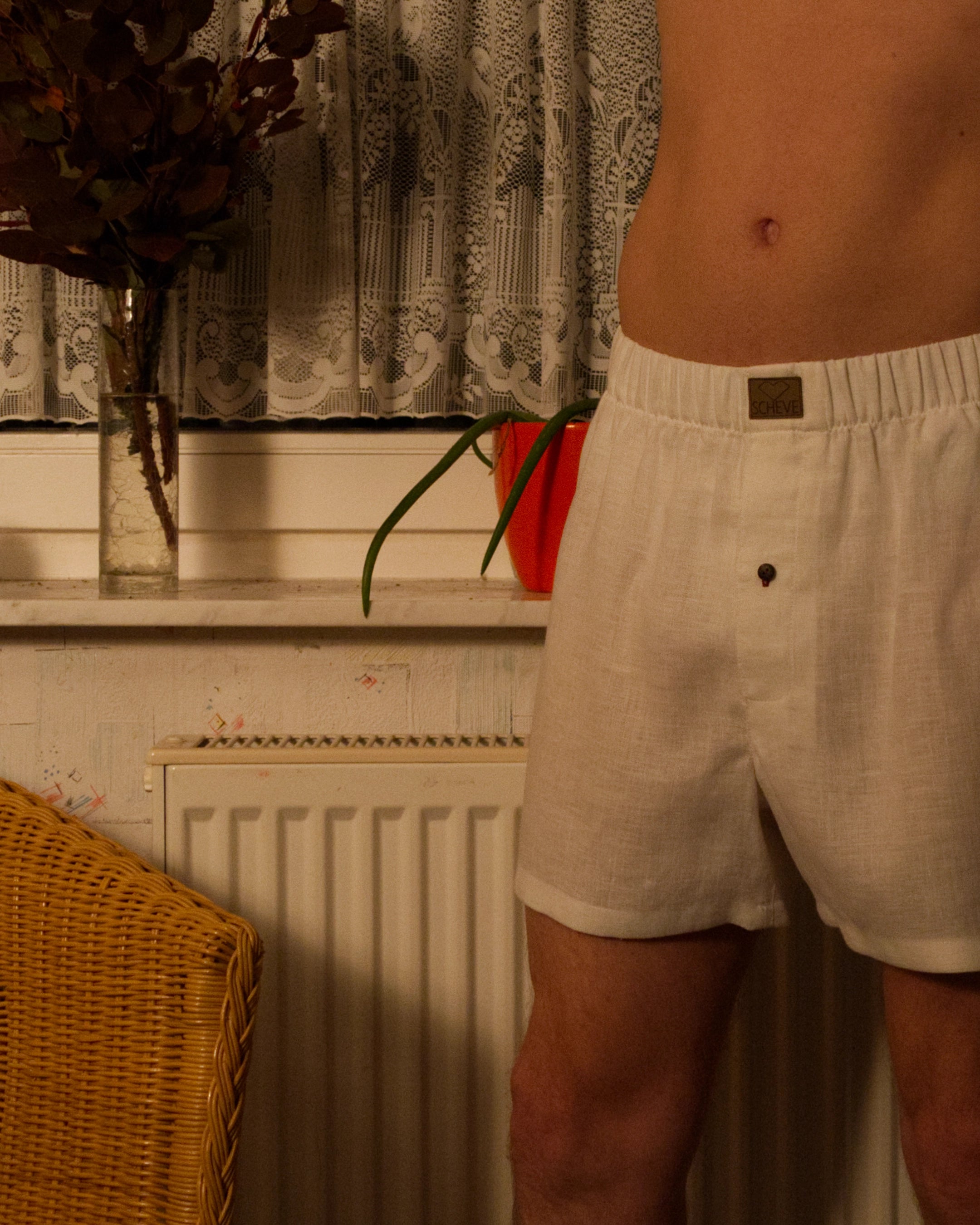 Herren Boxershorts aus weißem Leinen mit Knopfverschluss, nachhaltige Unterwäsche