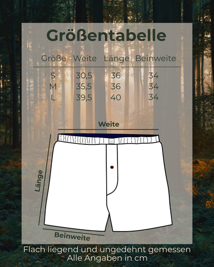 Größentabelle für SCHEVE Herren Pyjama Boxershorts mit Maßen für Bundweite, Länge und Beinweite