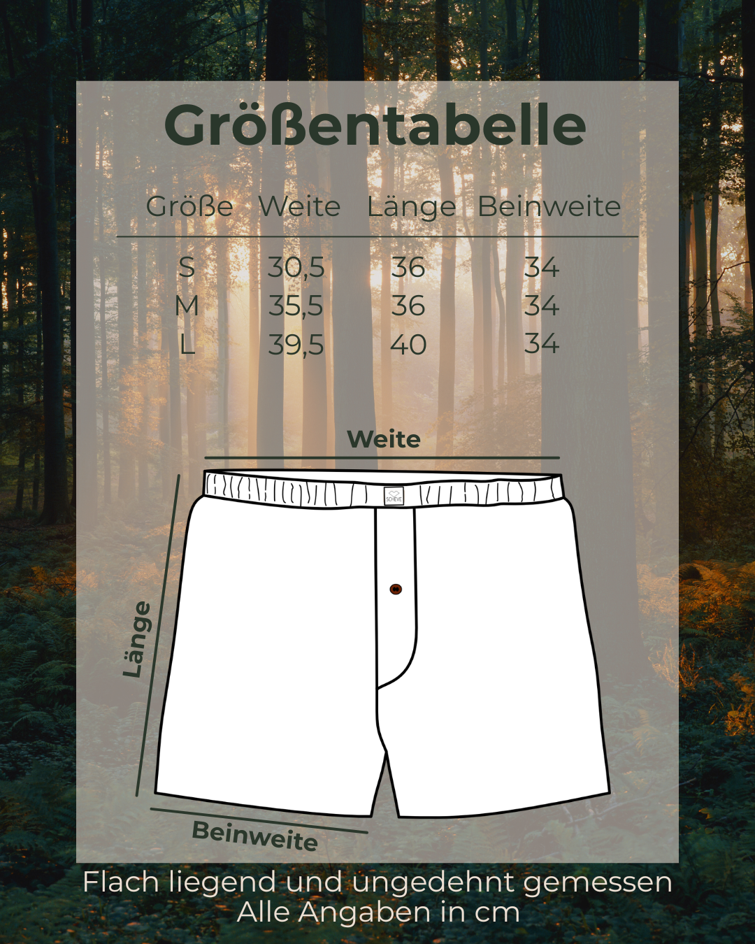 Größentabelle für SCHEVE Herren Pyjama Boxershorts mit Maßen für Bundweite, Länge und Beinweite