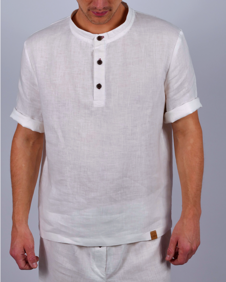 Handgemachter Herren Pyjama kurz aus Leinen weiß Poloshirt mit Stehkragen