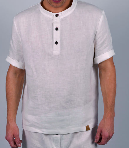 Handgemachtes Herren Poloshirt Pyjamateil kurz aus Leinen weiß Poloshirt mit Stehkragen und Kokosknöpfen