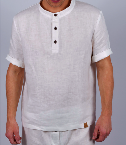 Handgemachtes Herren Poloshirt Pyjamateil kurz aus Leinen weiß Poloshirt mit Stehkragen und Kokosknöpfen
