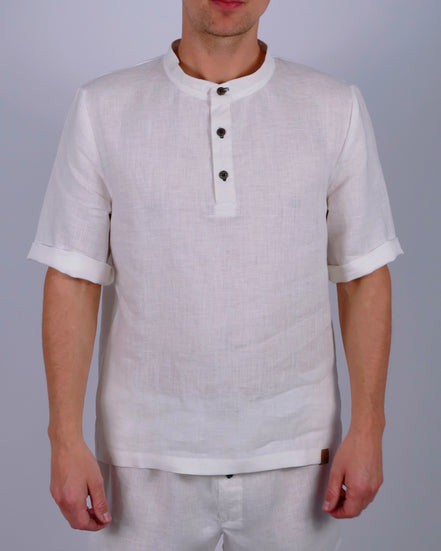 Handgemachter Herren Pyjama kurz aus Leinen weiß Poloshirt mit Stehkragen